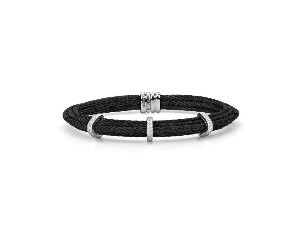 18k Bangle White Gold & Ss W. Black Cable, Station