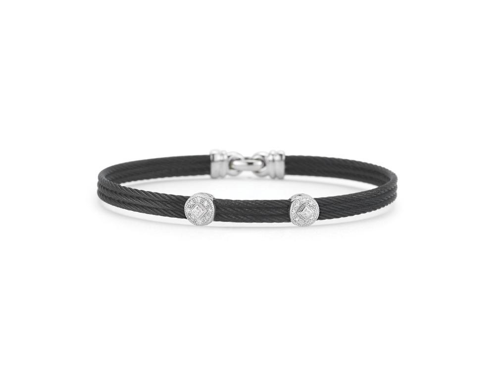 18k Bangle White Gold & Ss W. Black Ss Cable, 2 Round