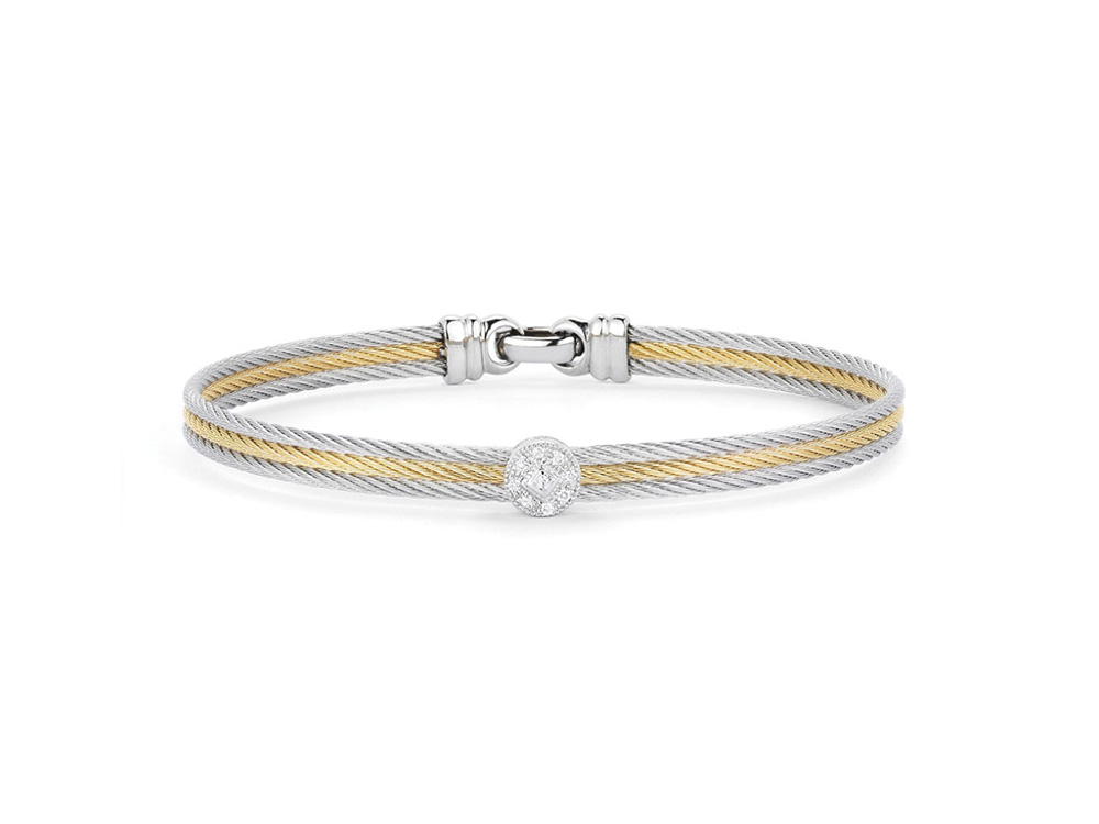 18k Bangle White Gold & Ss W/Gray & Yellow, Round Size 7