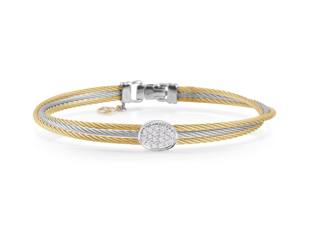 18k Bangle Yellow Gold & Ss Two Tone Cable & Dia. Oval Size 7