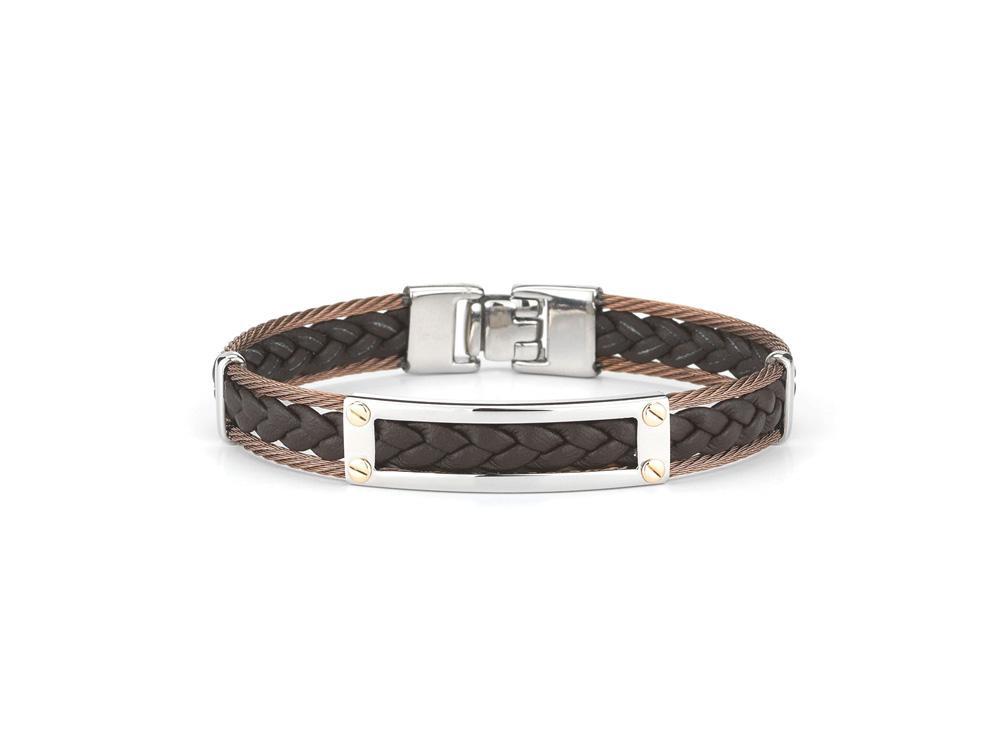 18k Bangle Yellow Gold & Ss W/Bronze Cable & Brown Leather Size 7.75