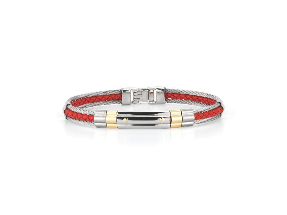 18k Bangle Yellow Gold & Ss W/Ss Cable & Red Leather Size 8.25