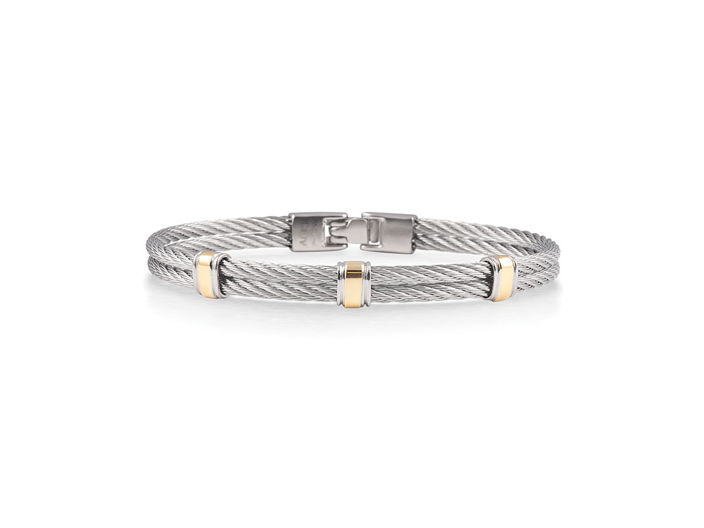 18k Bangle Yellow Gold & Ss W/Ss Cable Size 7.75