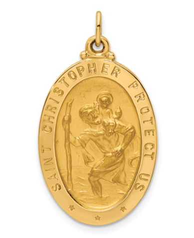 14k Solid Polished/Satin Medium Oval St. Christopher Medal