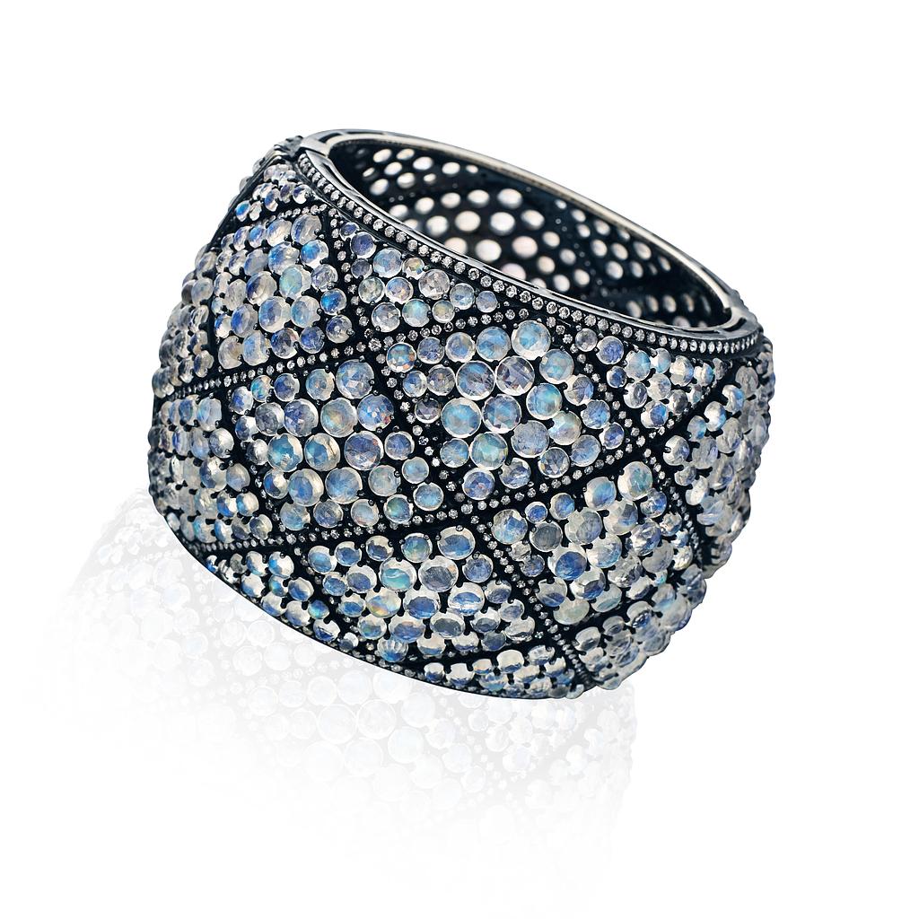 14k Yellow Gold & St Moonstone & Diamond Cuff