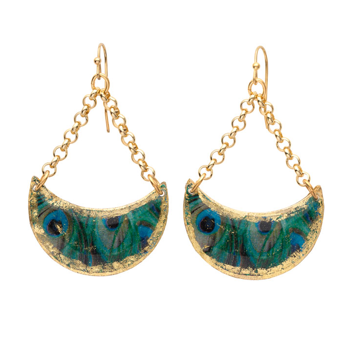 Feathered Peacock Crescent Earrings