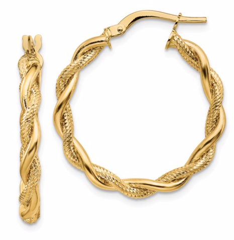 14k Medium 3mm Polished & Diamond-Cut Twisted Hoops