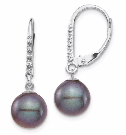 14k White Gold 8-9mm Black Fwc Pearl .05ct Diamond Leverback Earrings