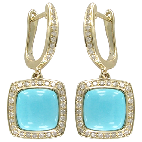 14k Yellow Gold Cushion Turquoise With Diamond Halo Dangle Earrings