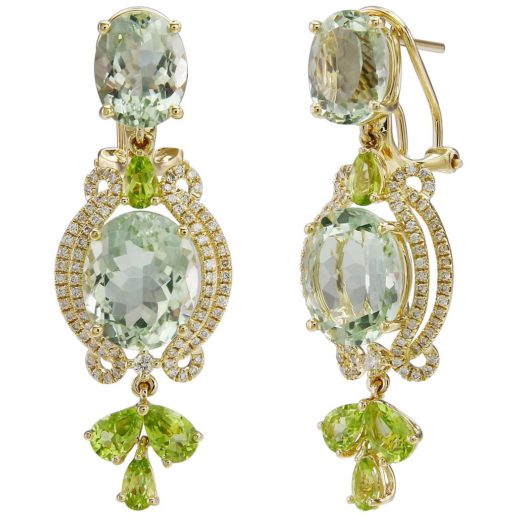14k Yellow Gold Diamond Peridot, Green Amethyst Earrings