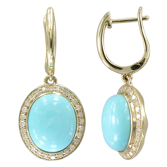 14k Yellow Gold Oval Turquoise With Diamond Halo Dangle Earrings