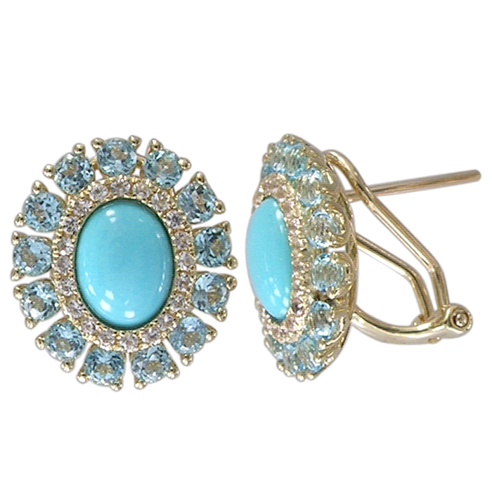 14k Yellow Gold Turquoise & Blue Topaz Diamond Earrings