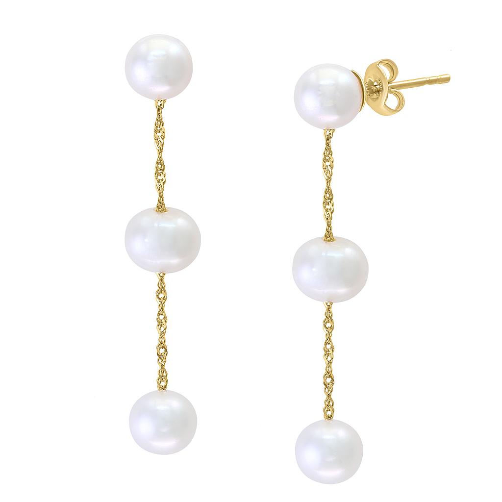 14k Yellow Gold White Fresh Water 3 Pearl Drop Earrings Center: 6-6.5m