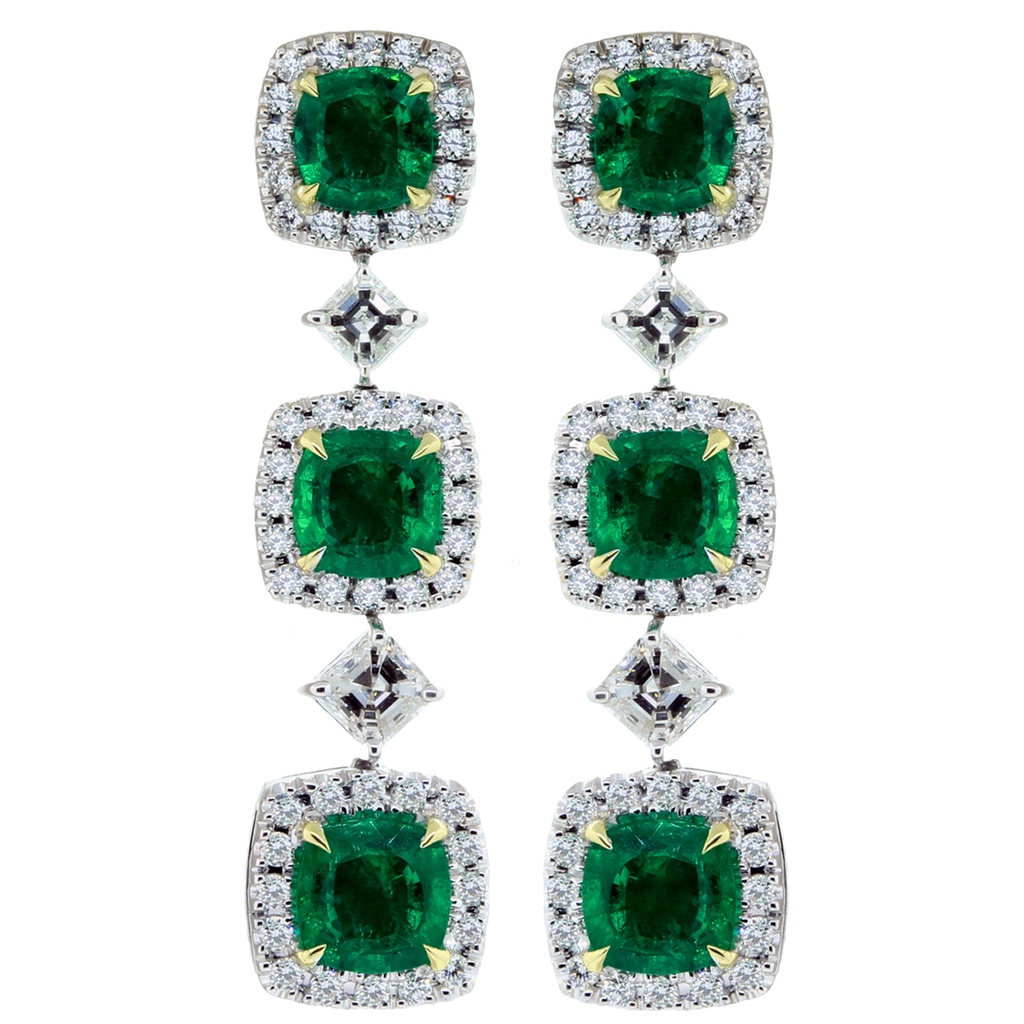 18k Twotone Emerald & Diamond 3 Station Drop Earrings