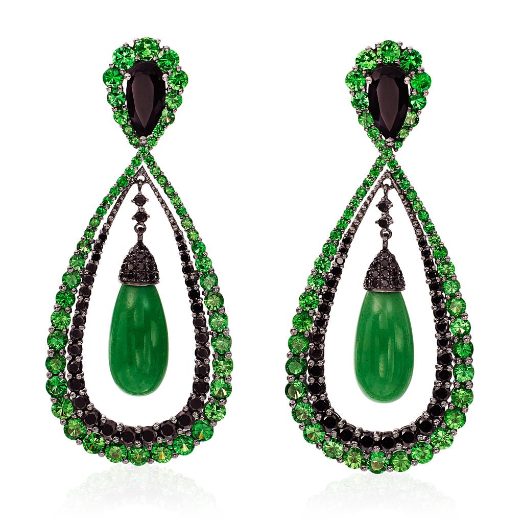 18k White Gold Earring W/Black Agate Pears Green Dangles & Graduated Black Diamond & Green Gar Halos