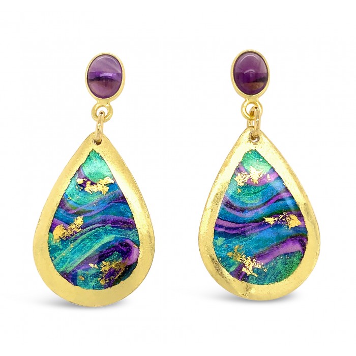 Abalone Mini Teardrop Earrings With Amethyst Post