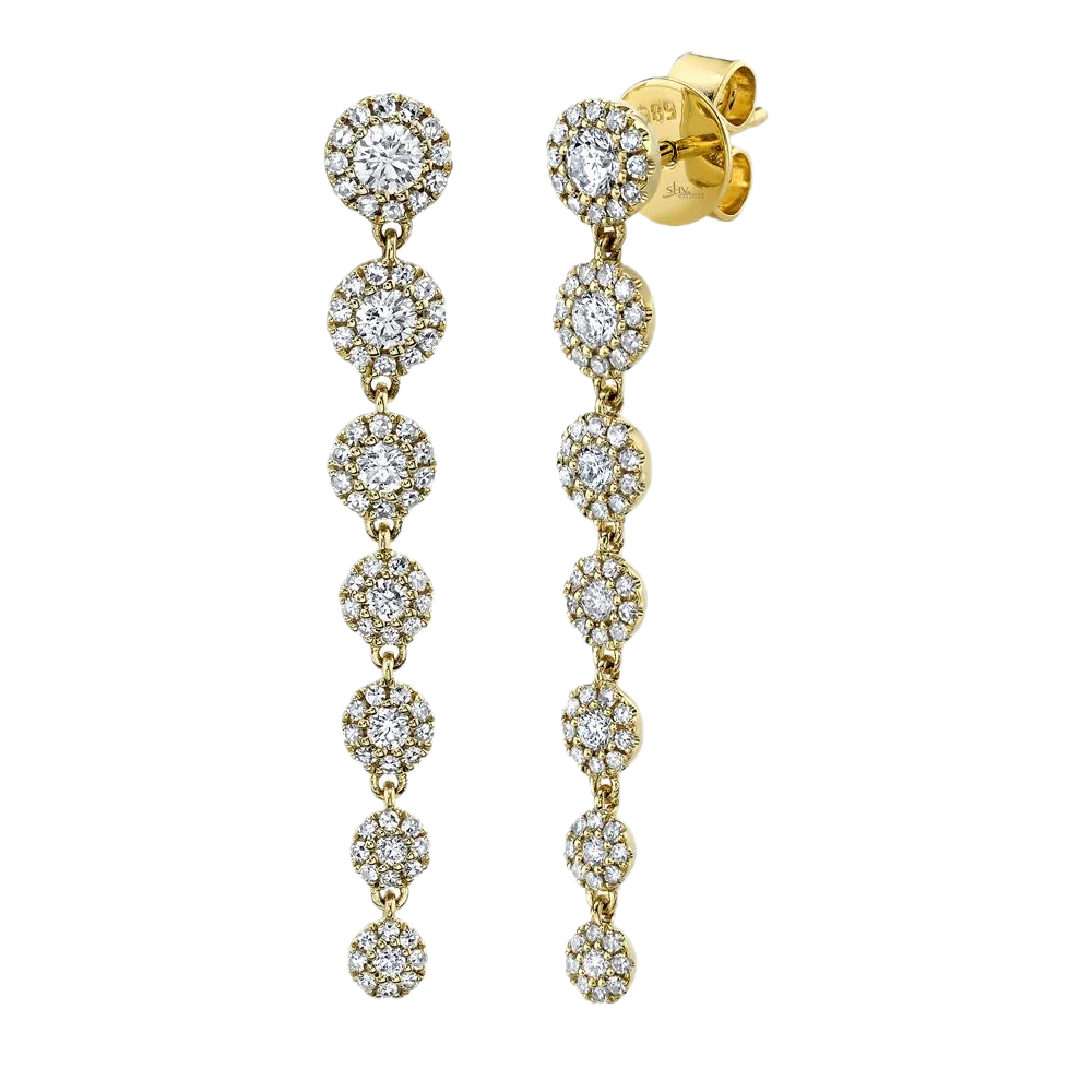 Shy Creation Eden 14k Yellow Gold Diamond W/Halo 7 Stone Drop Earrings 0.80cttw