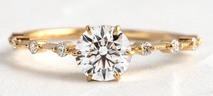 14k Yellow Gold 6 Diamond Delicate Engagement Ring Mounting For Oval