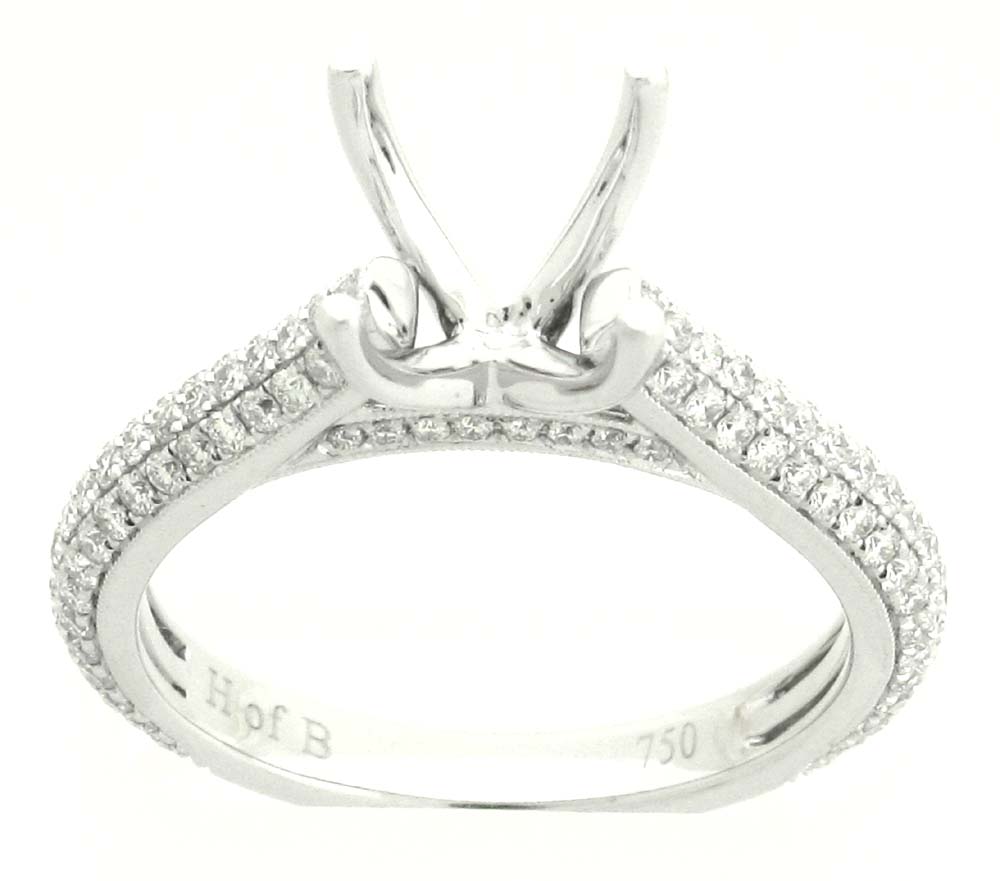 Demarco 18k White Gold Diamond Ring W/3 Rows Round Down Sides & Under Head