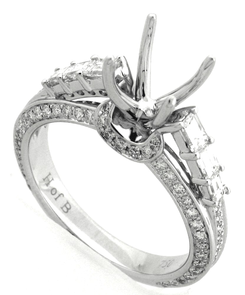 Demarco 18k White Gold Diamond Ring W/Bag Next To Head & 3 Rows Of Round Down Sides