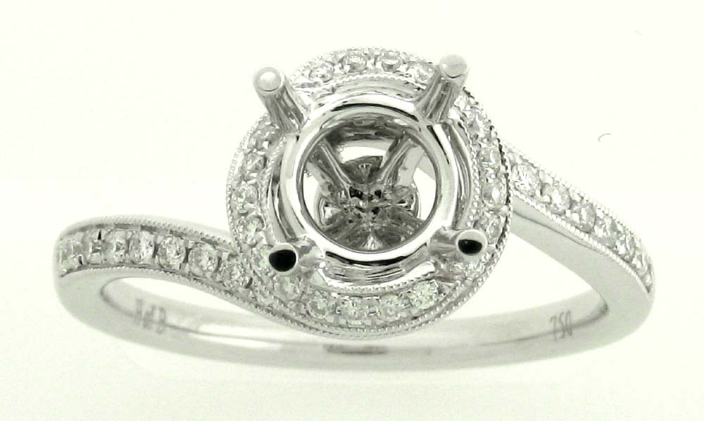 Demarco 18k White Gold Diamond Ring W/Brilliant Round Diamonds Swirled Around Head & Down Shank