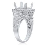 14k White Gold Semi Three Row Round Dias W/Filigree Design Separating Each & Dias Surrounding Four Prong Head