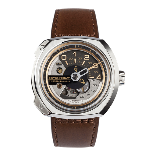 [W .WATC.0001553] Sevenfriday V Series Stainless Steel Open Balance Wheel Mvmt. Brown Leather Strap