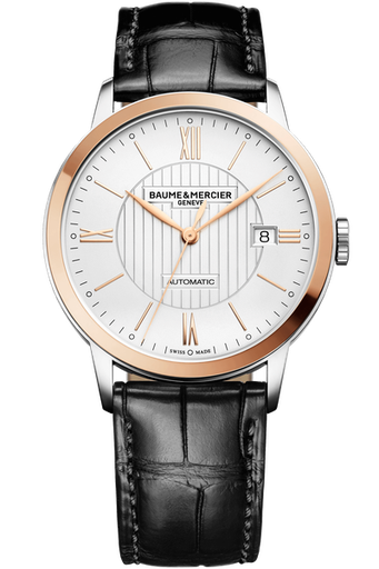 [BA.WATC.0002198] Classima Auto Gents Watch. Silver Dial. Rose Gold Bezel. Black Gator Strap. 40m