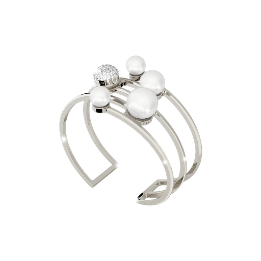 [TE.FASH.0007220] Rebecca White Gold Plated Bangle W/5 Strands & 4 Pearls & 1 White Stone Cluster