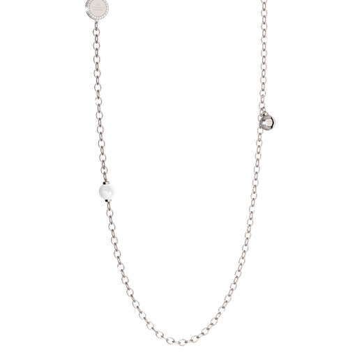 [TE.FASH.0007254] Rebecca Silver Colored Bronze Necklace W/1 Pearl, 1 Silver Ball & 1 Silver Plate W/White Stone Halo