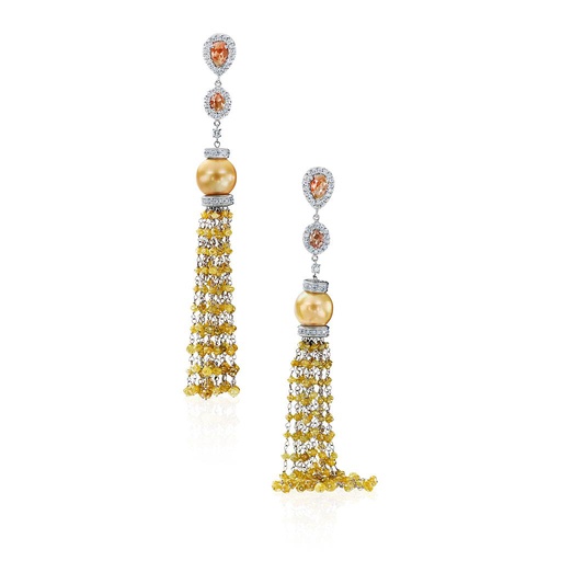 [RO.PERL.0007681] 18k White Gold Yellow & White Diamond Pearl Tassel Earring