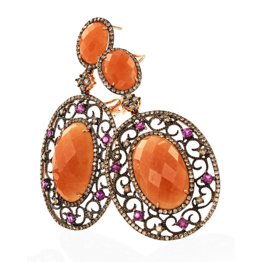 [SI.COLO.0007936] 14k Rose Gold Pink & Orange Sapphire Earring W/Brown Diamond & Black Rhodium
