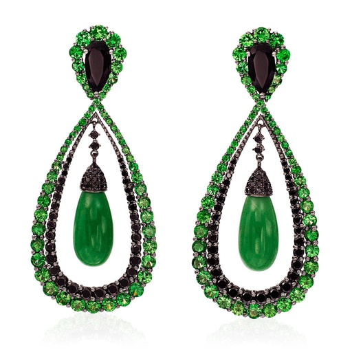 [SI.COLO.0007938] 18k White Gold Earring W/Black Agate Pears Green Dangles & Graduated Black Diamond & Green Gar Halos