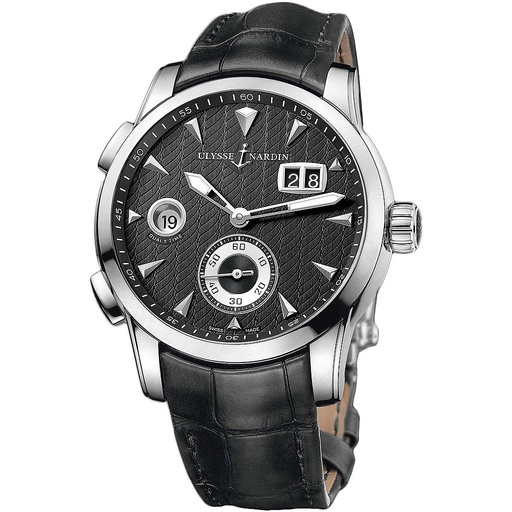 [UL.WATC.0008273] Ulysse Nardin Stainless Steel Dual Time Mfg. Black Dial W/Black Gator Strap. 42m