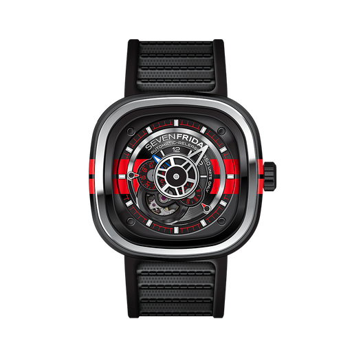 [W .WATC.0007783] Sevenfriday P3/Bb Special Edition Big-Block Stainless Steel & Black PVD Watch Red Accents Black/Red Strap