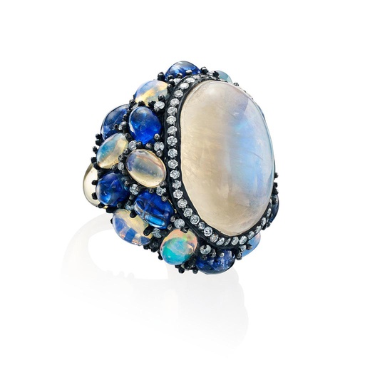[OR.FASH.0006395] 18k Yellow Gold & Silver W/Oval Rainbow Moonstone Center W/Diamonds & Opal & Kyanite Accents