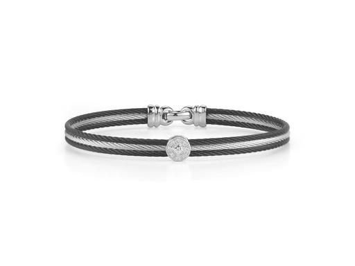 [AL.FASH.1715] 18k Bangle White Gold & Ss W/Black Rim & Gray Cable, 1 Round Station Size 7