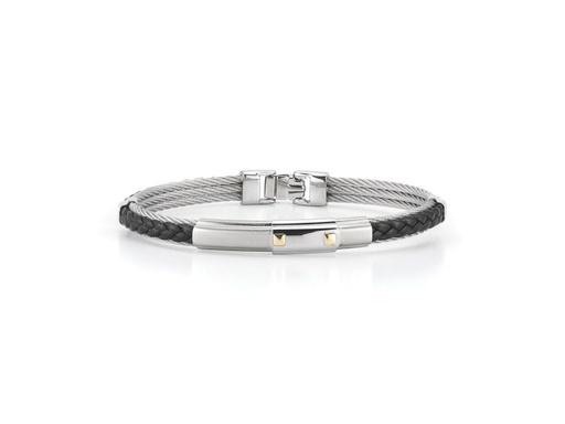 [AL.FASH.0001723] 18k Bangle Rg/Ss W/Ss Cable & Black Leather Size 8.75