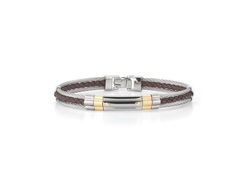 [AL.FASH.0001725] 18k Bangle Yellow Gold & Ss W/Ss Cable & Brown Leather Size 7.75