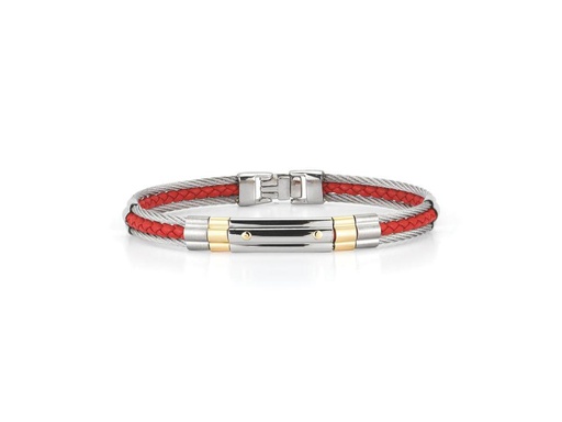 [AL.FASH.1726] 18k Bangle Yellow Gold & Ss W/Ss Cable & Red Leather Size 8.25