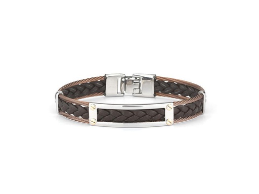 [AL.FASH.0001727] 18k Bangle Yellow Gold & Ss W/Bronze Cable & Brown Leather Size 7.75