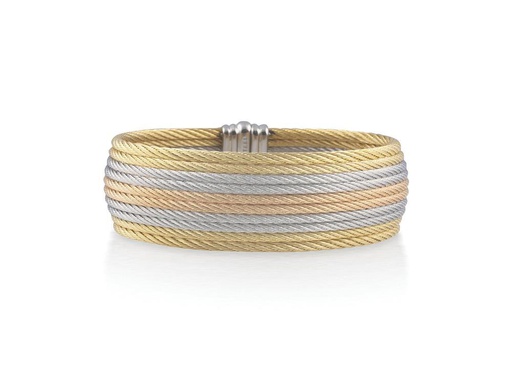 [AL.FASH.0001762] 18k Bangle Yellow Gold & Ss W/10 Row Tri Color Cable Size 6.5