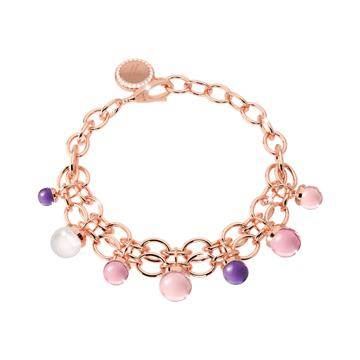 [TE.FASH.0007548] Hollywood Stone Rose Tone Bracelet W/Multicolor Bead 7 Bead Dangles