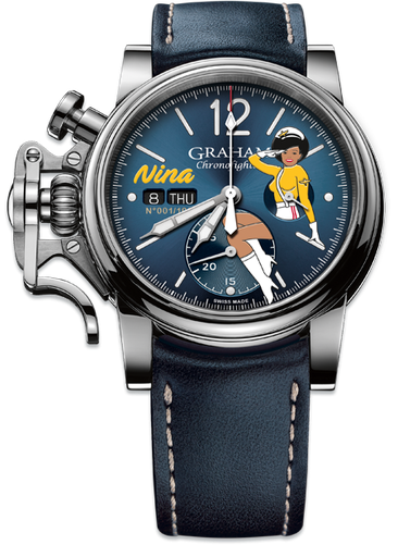 [GR.WATC.0005019] Chronofighter Vintage Noseart (Nina) Ltd. 100 W/Blue Calf Strap Size N1 & Steel Pin Buckle