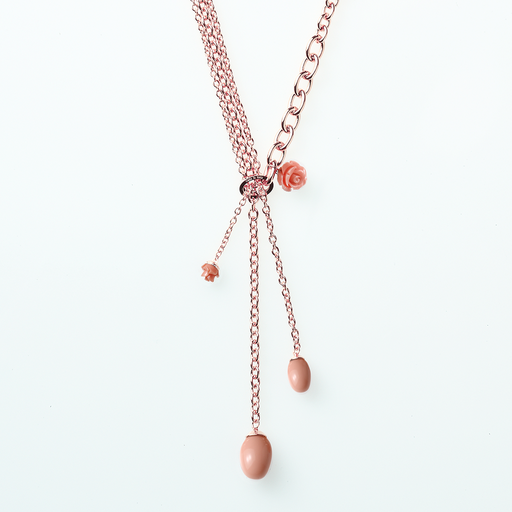 [TE.FASH.0008629] Mediterraneo Lariat Rose Tone W/2 Flowers & 2 Pink Ovals