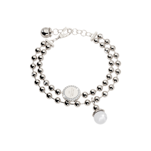 [TE.FASH.0008651] Boulevard Pearl Silver Tone Double Strand Bracelet W/1 Pearl & 2 Charms