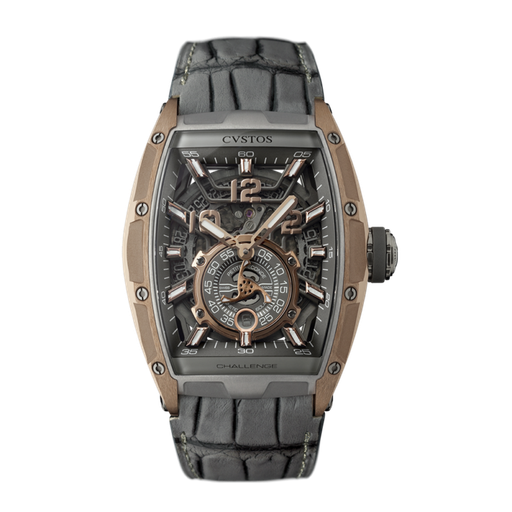 [CV.WATC.0009121] Jetliner II Grey Stainless Steel & Rose Gold Open Work W/Grey Crocodile Strap