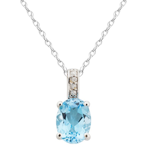 [LA.GEMS.9407] 14k White Gold Diamond & Swiss Blue Oval Topaz 8 X 6m Pendant W/18" Chain- December