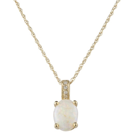 [LA.GEMS.9409] 14k Yellow Gold Diamond & Opal Oval 8 X 6m Pendant W/18" Chain - Oct