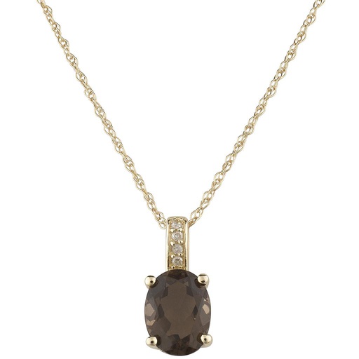 [LA.GEMS.9411] 14k Yellow Gold Diamond & Smoky Quartz Oval 8 X 6m Pendant W/18" Chain- June
